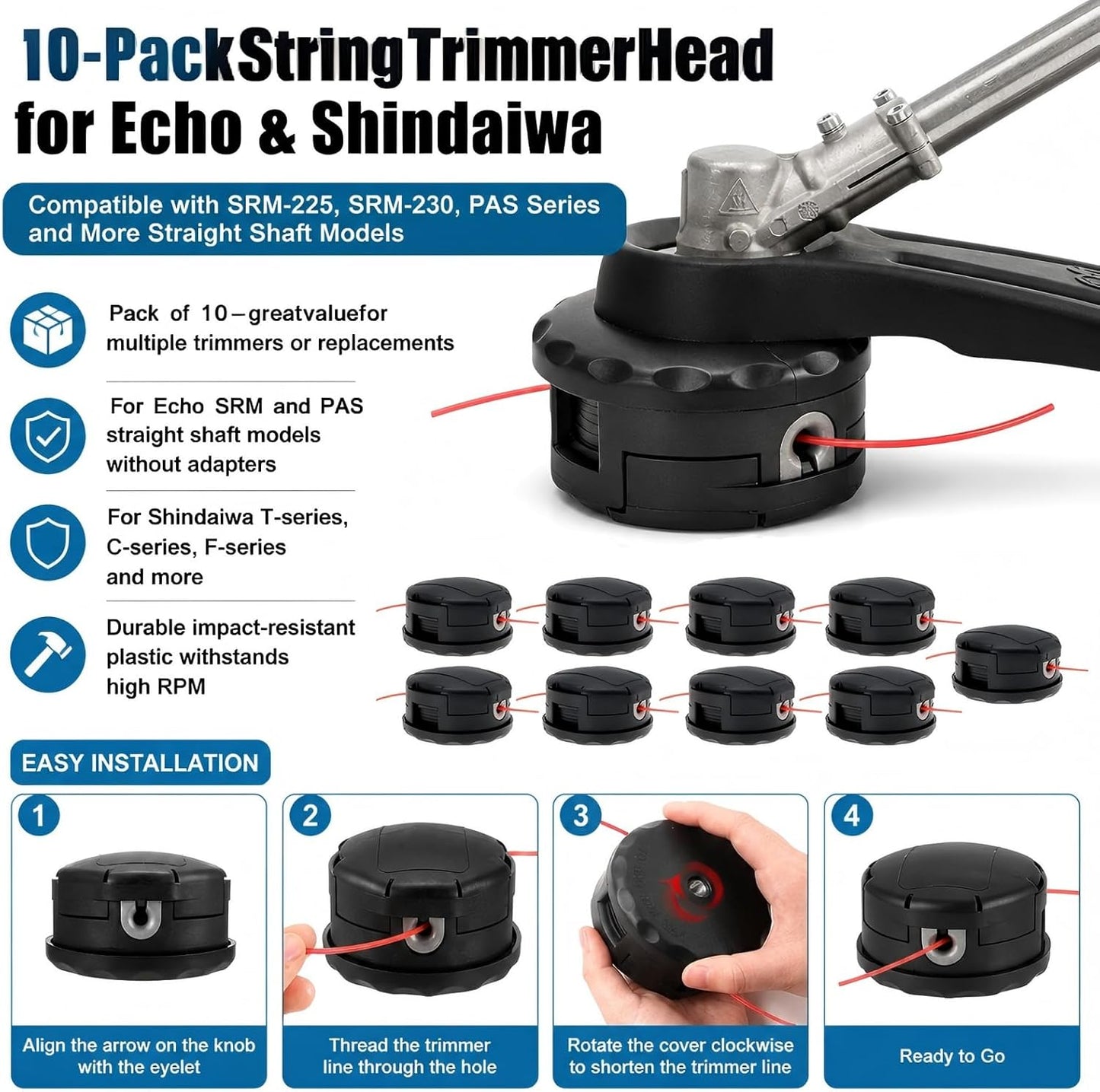 Trimmer Head for Echo Weed Eater PAS210 PAS211 PAS225 PAS230 for Echo Speed Feed 400 SRM210 SRM211 SRM225 SRM230 for SHINDAIWA C230 C242 C2510 10PCS