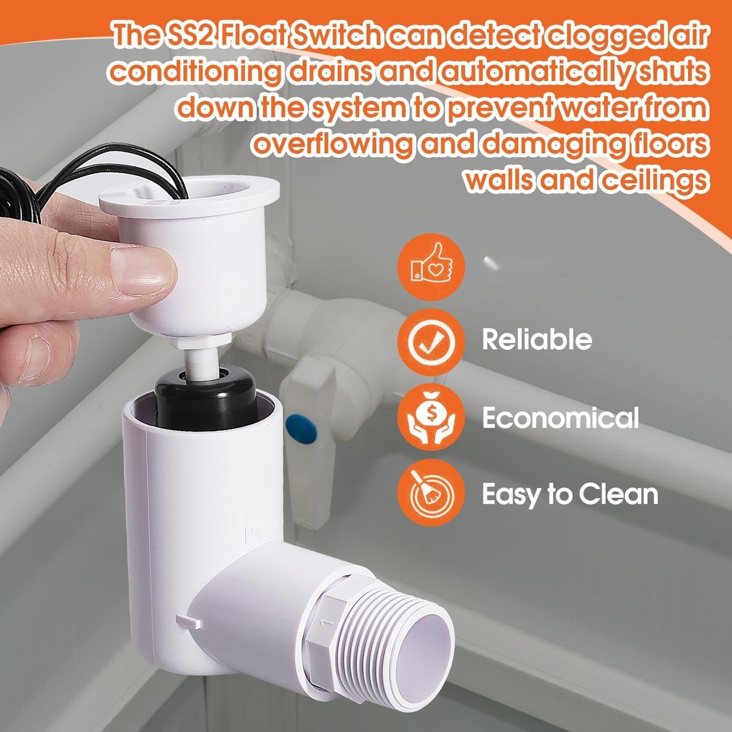 6PACK SS2 Float Switch with 3/4 Inch Adaptor and 6FT Wire Water Float Switch for HVAC Drain Pan Condensate Outlet