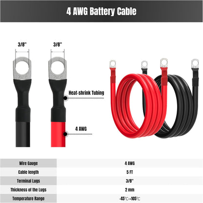 5FT 4 AWG Battery Cable 4 Gauge Battery Cables 4AWG 5 FT Battery Inverter Wires Cables with 3/8 inch Lugs for Solar Power Inverters, RVs, Campers, Travel Trailers, Cars, 2 Pairs