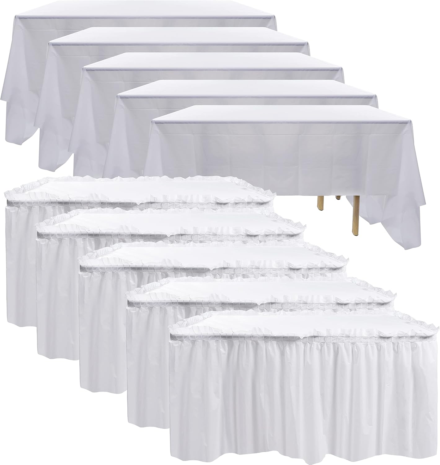 5 Pack Plastic Table Skirts & Cloths for Rectangle Tables, 14 Ft Blue Tableskirts & 54" x 108" Tablecloths, Disposable Tablecloth Skirt Covers for Party Birthday (Dark Blue)
