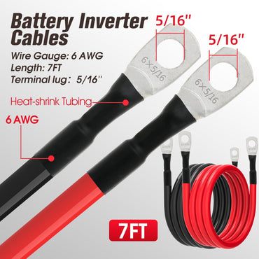 6 AWG Battery Cable 6AWG Gauge Battery Inverter Cables for Automotive Solar Marine Boat RV Car Motorcycle (6 AWG, 7FT, 5/16")