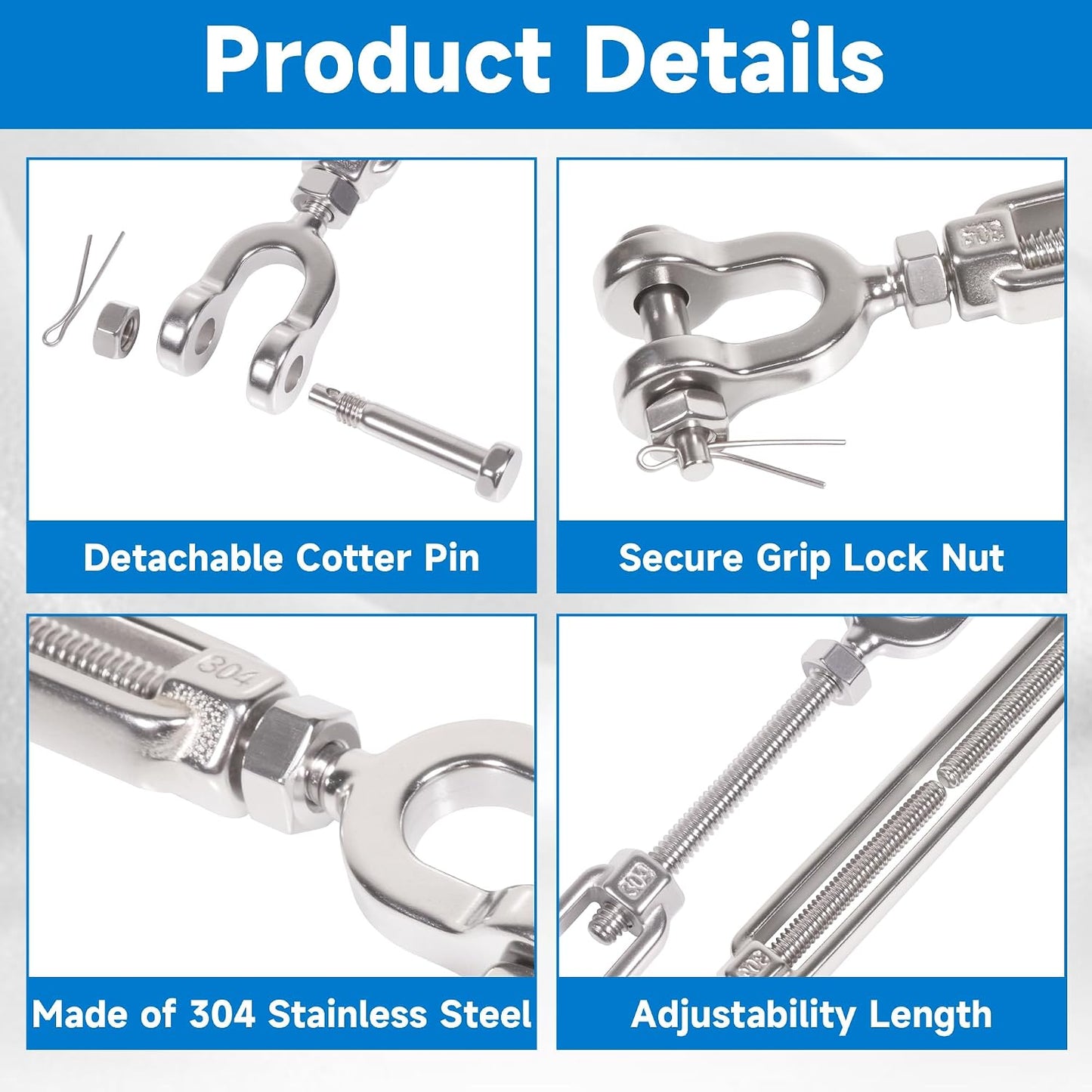 1/2" 304 Stainless Steel Jaw and Jaw Turnbuckle, Adjustable Small Turnbuckle Tensioner, Cable Tensioner, 1140 LBS Working Load Limit, Turnbuckles for Cables Wire Clothesline Shade Sail (M12-1/2-2pcs)