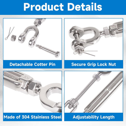1/2" 304 Stainless Steel Jaw and Jaw Turnbuckle, Adjustable Small Turnbuckle Tensioner, Cable Tensioner, 1140 LBS Working Load Limit, Turnbuckles for Cables Wire Clothesline Shade Sail (M12-1/2-2pcs)