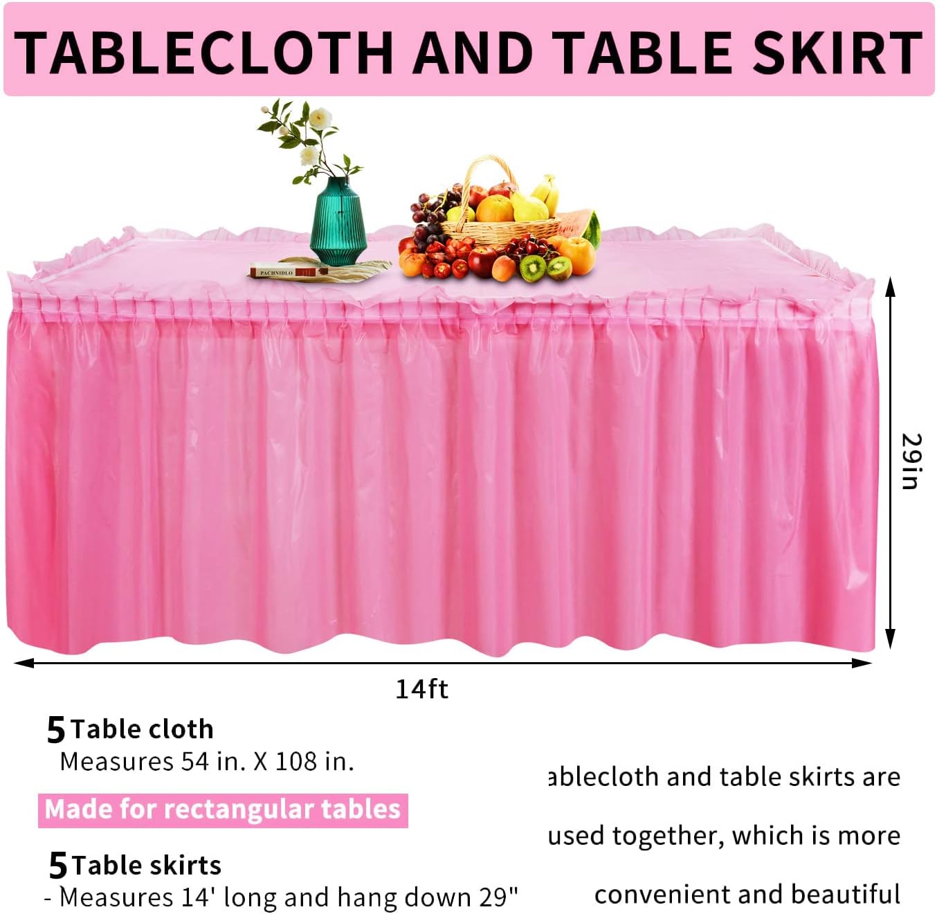 10-Parks Tulle Table Skirt-5 Pack Pink Table Cloths for Parties Table Skirts for Rectangle Tables 54" x 108" Pink Tablecloths for Party Birthday Baby Shower