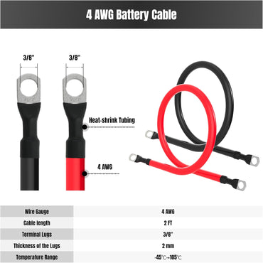 2FT 4 AWG Battery Cable 4 Gauge Battery Cables 4AWG 2 FT Battery Inverter Wires Cables with 3/8 inch Lugs for Solar Power Inverters, RVs, Campers, Travel Trailers, Cars, 2 Pairs