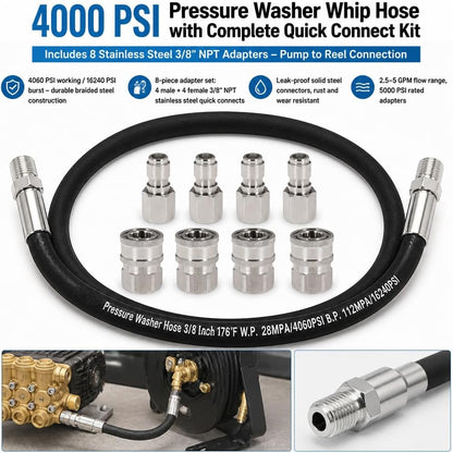 5FT Pressure Washer Whip Hose 4000 PSI Includes 4 Set 3/8" Male and Female Quick Connectors High Pressure Jumper Hose with 3/8" NPT Steel Connectors for Hose Reel, Pump to Reel Connection
