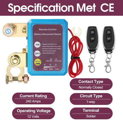 Remote Battery Disconnect Switch 12V 240A Battery Kill Switch Anti-Theft Automatic Cut Shut Off Switch for Car Truck Boat RV ATV