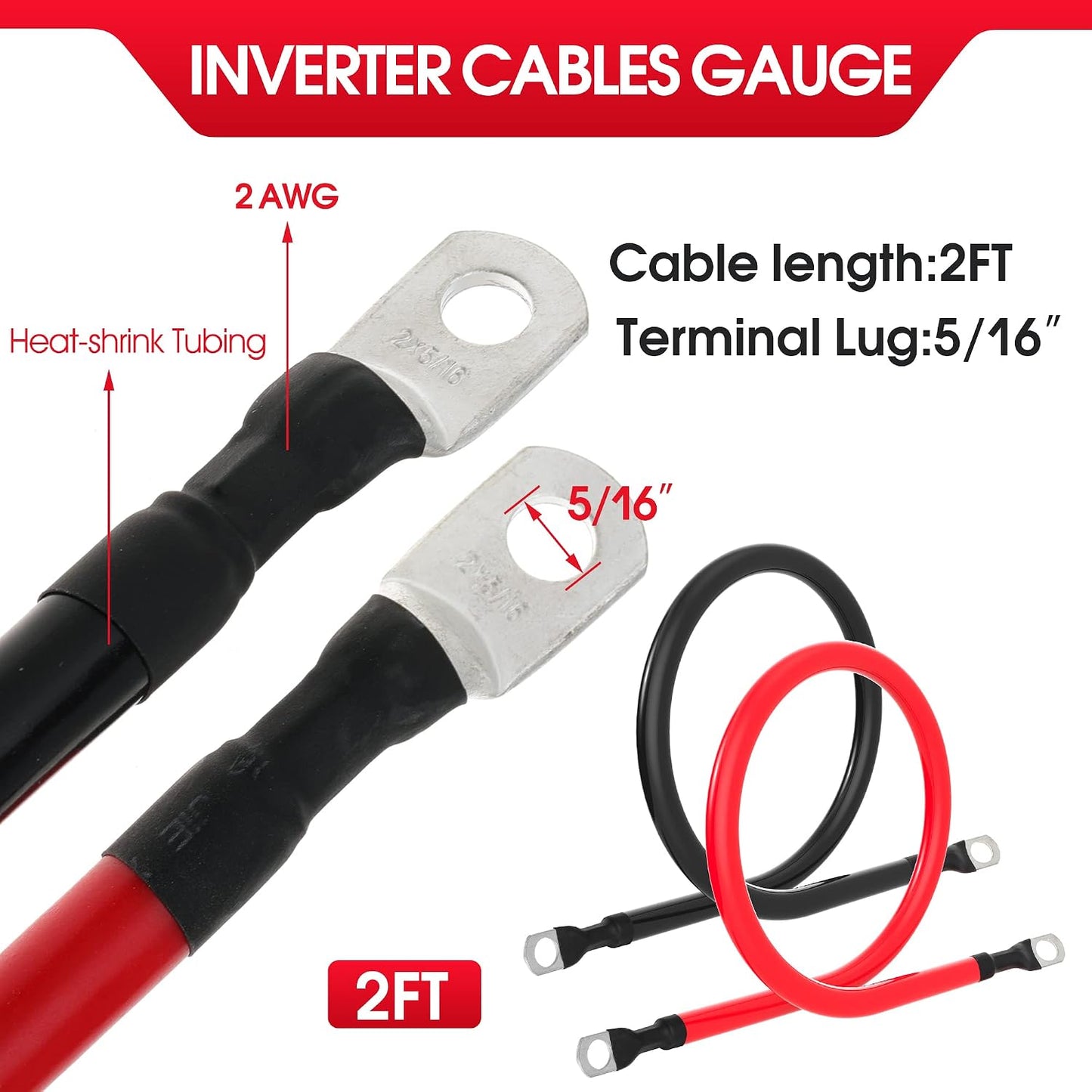 2 AWG Battery Cable 2AWG Gauge Battery Power Inverter Cables with 5/16 in Lugs Terminal for Automotive Solar Marine Boat RV Car Motorcycle (2FT)