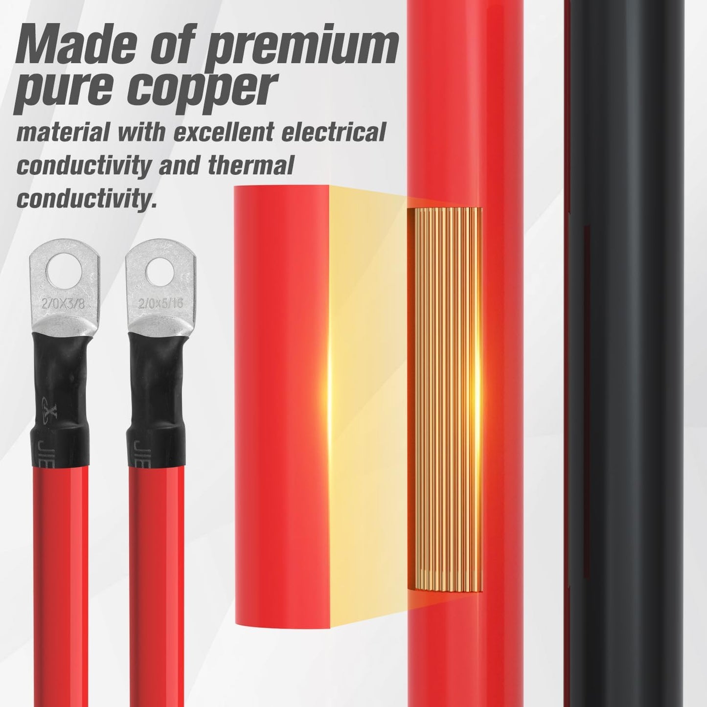 2/0 AWG Battery Cable 2/0AWG Gauge Battery Inverter Cables for Automotive Solar Marine Boat RV Car Motorcycle (2/0 AWG, 3FT, 3/8"+5/16")