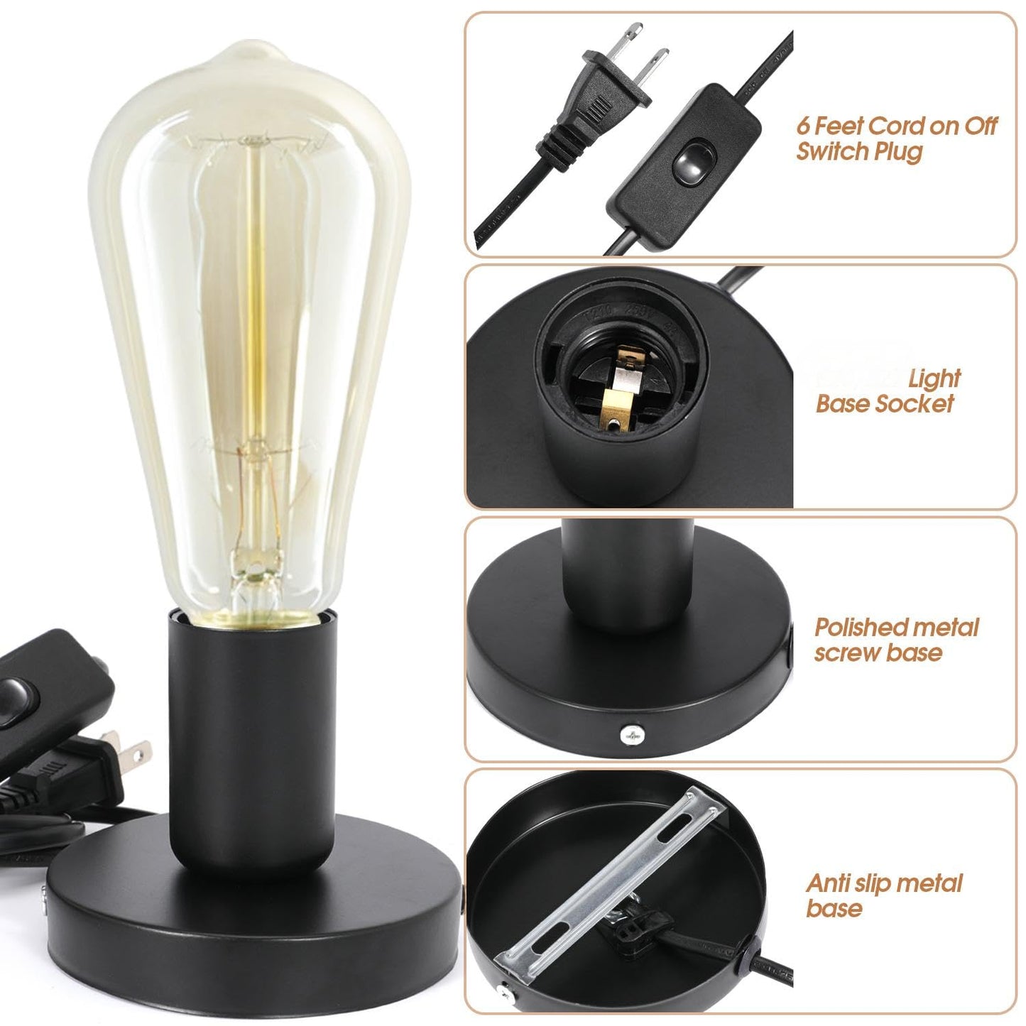 2Pcs Desktop Lamp Base Light Base Socket Screw Light Bulb Holder Base with 6 Feet Cord on Off Switch Plug for Holding Bulb for Your Night Light