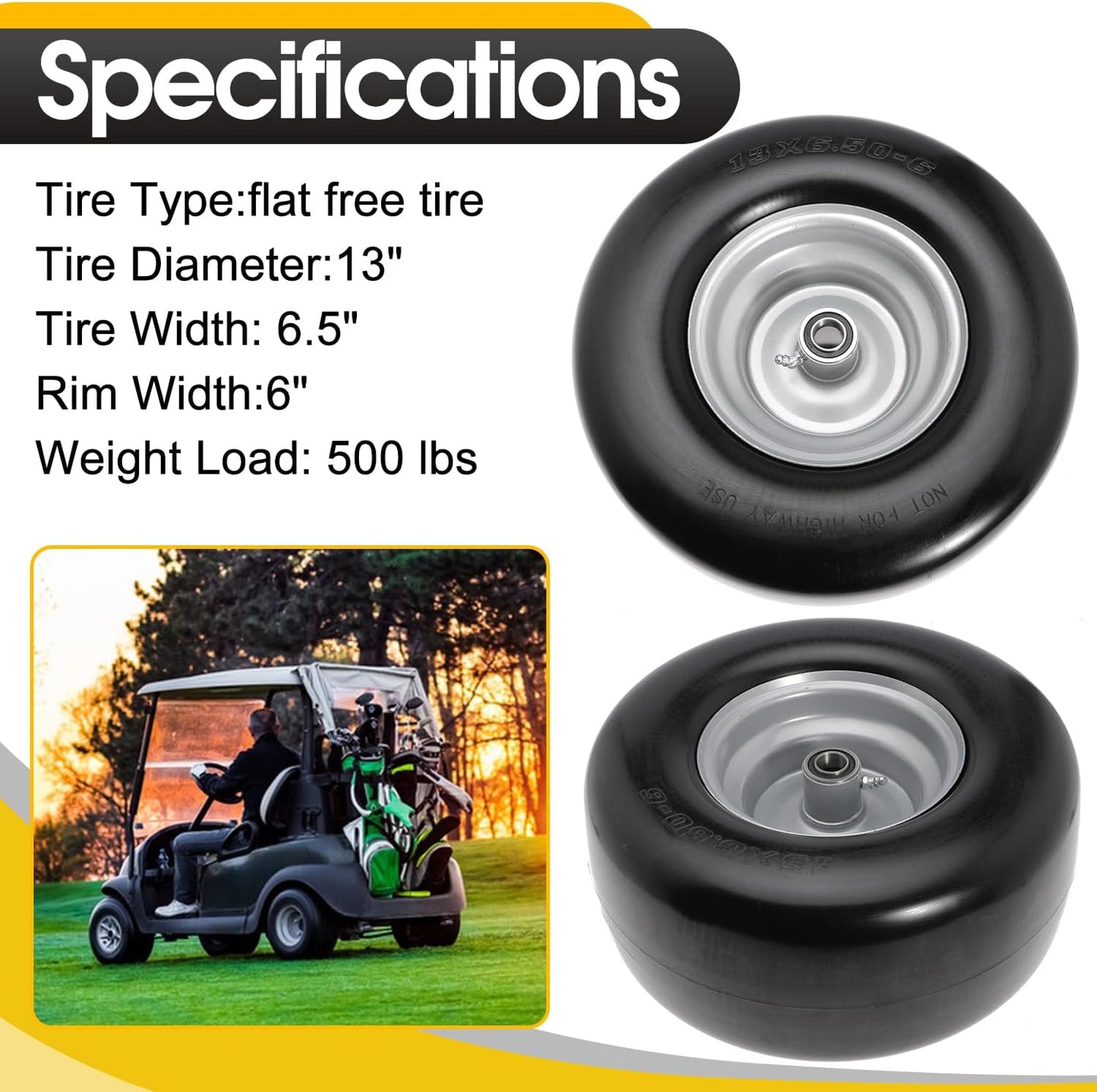 13x6.50-6" Lawn Mower Flat Free Front Wheel Tire, Solid Smooth Tire for Cub Cadet for Toro Zero Turn Lawn Mower with 5.5"-7.5" Center Hub and 3/4" 5/8" 1/2" Precision Bearings (Silver-2pc)