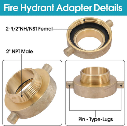 2 PCS 2-1/2" NST (NH) Female x 2" NPT Male Fire Hydrant Hose Adapter Brass Fire Equipment with Pin Lug for Fire Hydrants, Pipes, Hoses