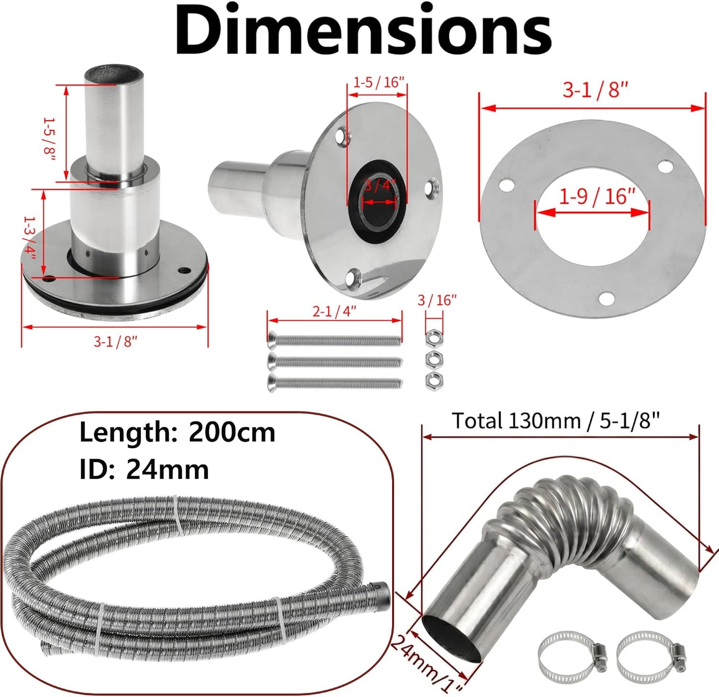 200cm 24mm Exhaust Pipe for Diesel Heater, 1 Inch ID Generator Exhaust Extension with Thru Hull Exhaust Skin and Tube Elbow Connector