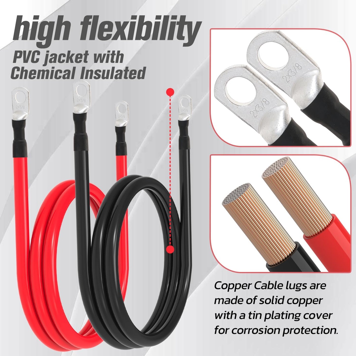 2 AWG Battery Cable 2AWG Gauge Battery Inverter Cables for Automotive Solar Marine Boat RV Car Motorcycle (2 AWG, 5FT, 3/8")