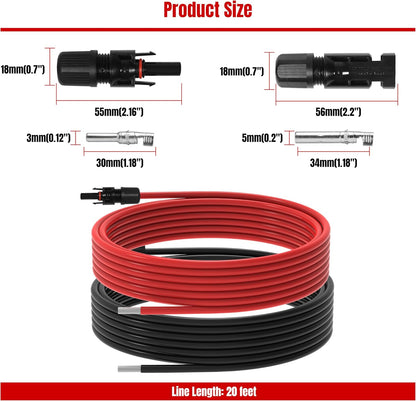 20Ft 10AWG Solar Panel Extension Cable, 10 AWG Solar Extension Cable 10 Gauge 20 Feet Solar Wire with Solar Panel Female Male Waterproof Connectors for RV Boat Home (10 AWG-20Ft)