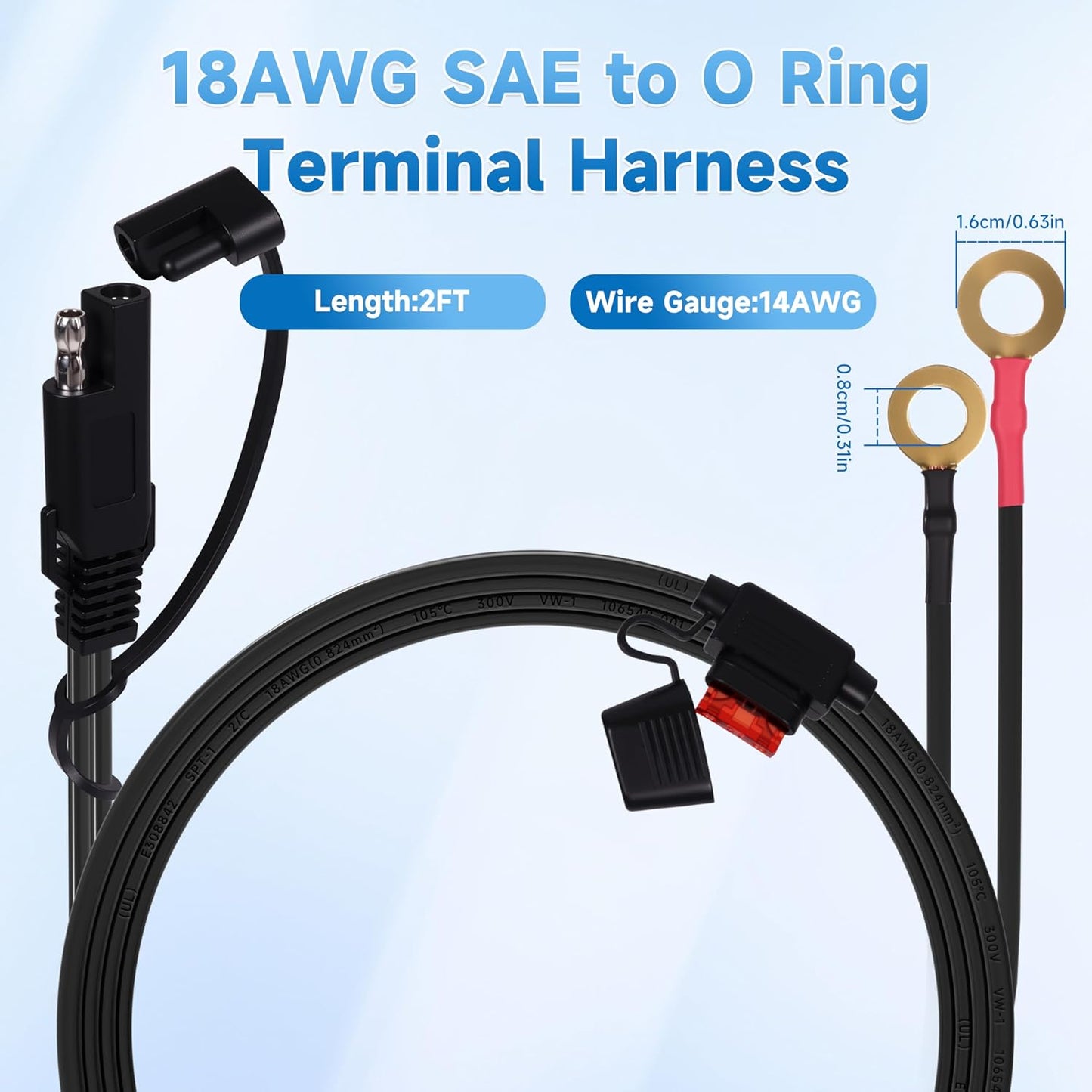 2FT 18AWG SAE Extension Cable, Battery Charger Cord 18 AWG, 2 Pin Quick Disconnect SAE to O Ring Terminal Harness Extension Cord for Solar Batteries Cars Motorcycles, 6pcs