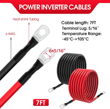 6 AWG Battery Cables 6 Gauge Battery Power Inverter Cable with 5/16 Inch Tinned Copper Lugs Both Ends for Solar Marine Boat RV Car Motorcycle 2 pcs (7FT)