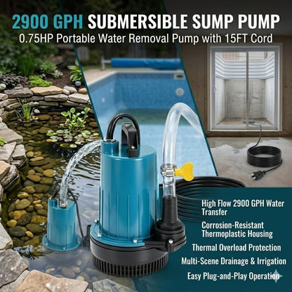 0.75HP 2900 GPH Sump Pump Electric Submersible Portable Utility Water Removal Transfer Pump for Swimming Pool Garden Pond Tubs Basement Window Wells Flood Drainage with 15 Feet Long Power Cord