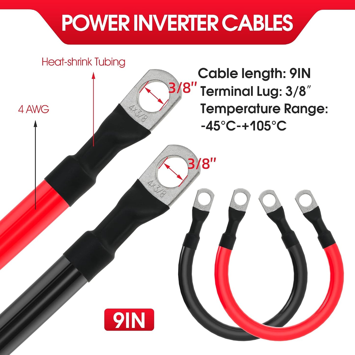 4 AWG Battery Cable 4AWG Gauge Pure Copper Battery Inverter Cables with 3/8 in Lugs Both Ends Power Inverter Wire Set for Automotive Solar Marine Boat RV Car Motorcycle Red and Black (9in)