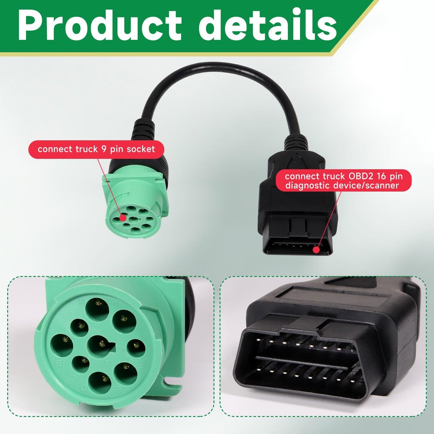 16 Pin Male to 9 Pin Female OBD2 OBDII to J1939 Green Type 2 Adapter Cable for Heavy Duty Trucks and Commercial Vehicles with OBD II Diagnostic Connector