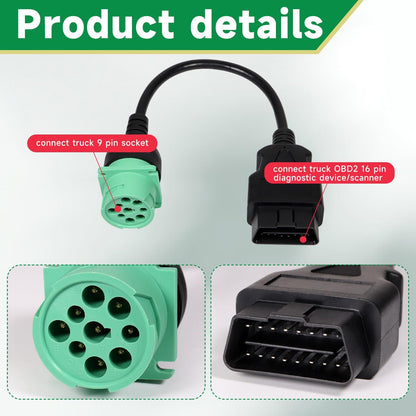 16 Pin Male to 9 Pin Female OBD2 OBDII to J1939 Green Type 2 Adapter Cable for Heavy Duty Trucks and Commercial Vehicles with OBD II Diagnostic Connector