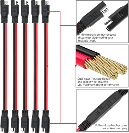 12 AWG SAE to SAE Extension Cable 12 Gauge 2-Pin SAE Connector Extension Cord with Dual Head Plug for Solar Panel Automotive Car Motorcycle 12in
