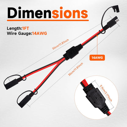 12 Inch 14AWG SAE Y Splitter 14 AWG 14 Gauge 1 to 2 SAE Extension Cable, 2 Prong DC Power Connector with Dust Cover for Solar Panel Battery Charger (14AWG 12in, 2pcs)