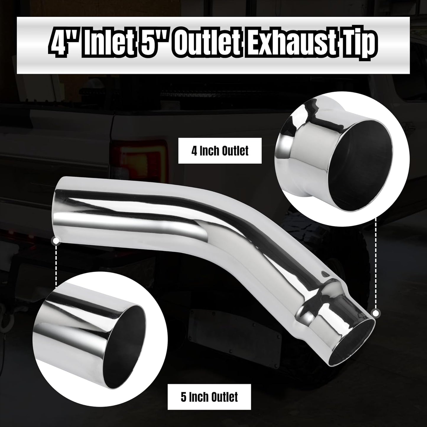 4 Inch Diesel Exhaust Elbow Tip, 4" Inlet to 5" Outlet, 23" Long Chrome Exhaust Pipe Elbow 2pcs 4'' Exhaust Clamps