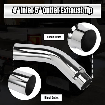 4 Inch Diesel Exhaust Elbow Tip, 4" Inlet to 5" Outlet, 23" Long Chrome Exhaust Pipe Elbow 2pcs 4'' Exhaust Clamps