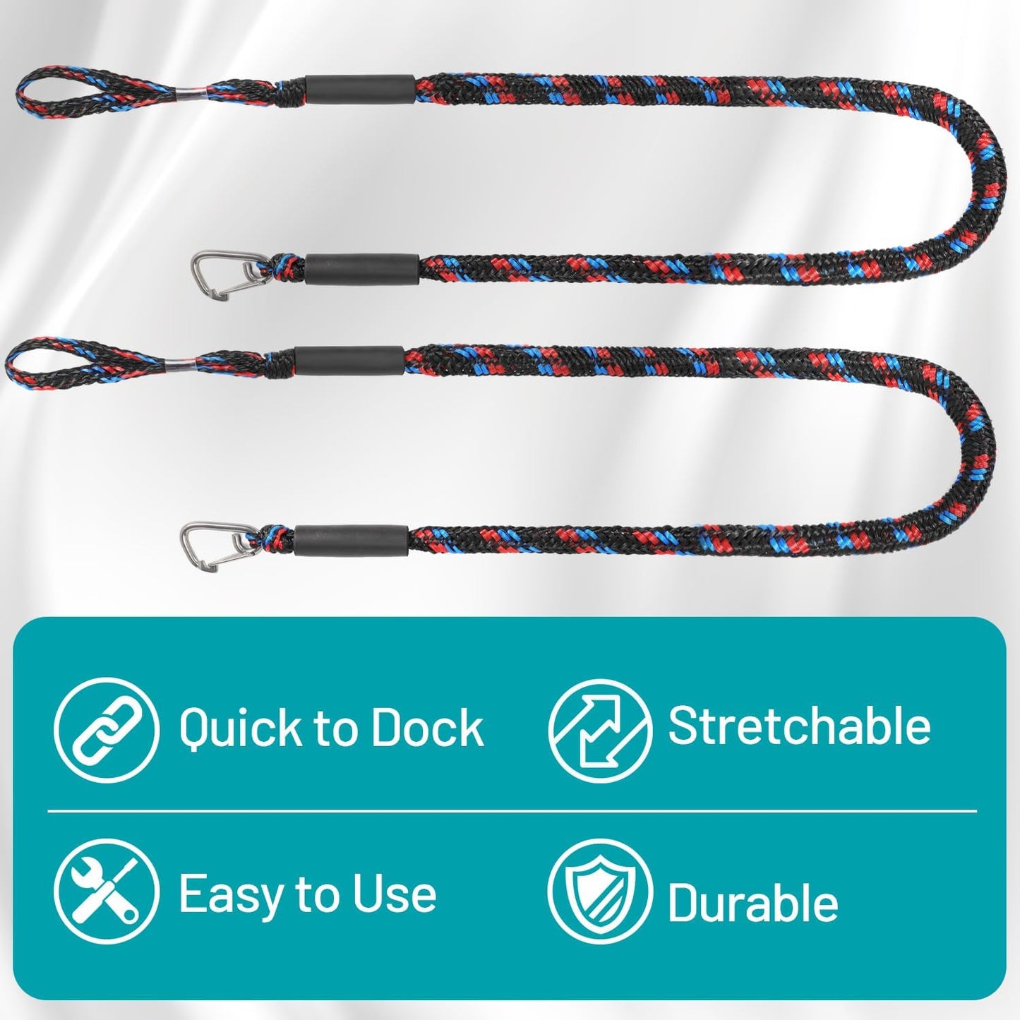 Boat Bungee Dock Lines Marine Mooring Rope with Stainless Steel Clip Bungee Cord Docking Lines for Boat Bungee Docking Ropes for Kayak,Pontoon,Canoe (Red Black Blue-2)