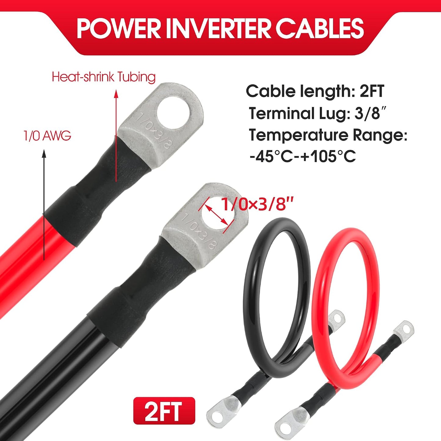 1/0 AWG Gauge Battery Cable Power Inverter Cables with 3/8 Inch lugs for Solar Marine RV Car Truck Tractor Motorcycle 2pcs (2FT)