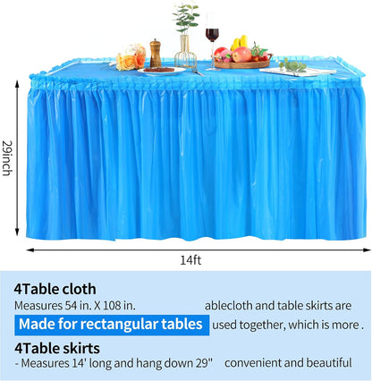 5 Pack Plastic Table Skirts & Cloths for Rectangle Tables, 14 Ft Blue Tableskirts & 54" x 108" Tablecloths, Disposable Tablecloth Skirt Covers for Party Birthday (Dark Blue)