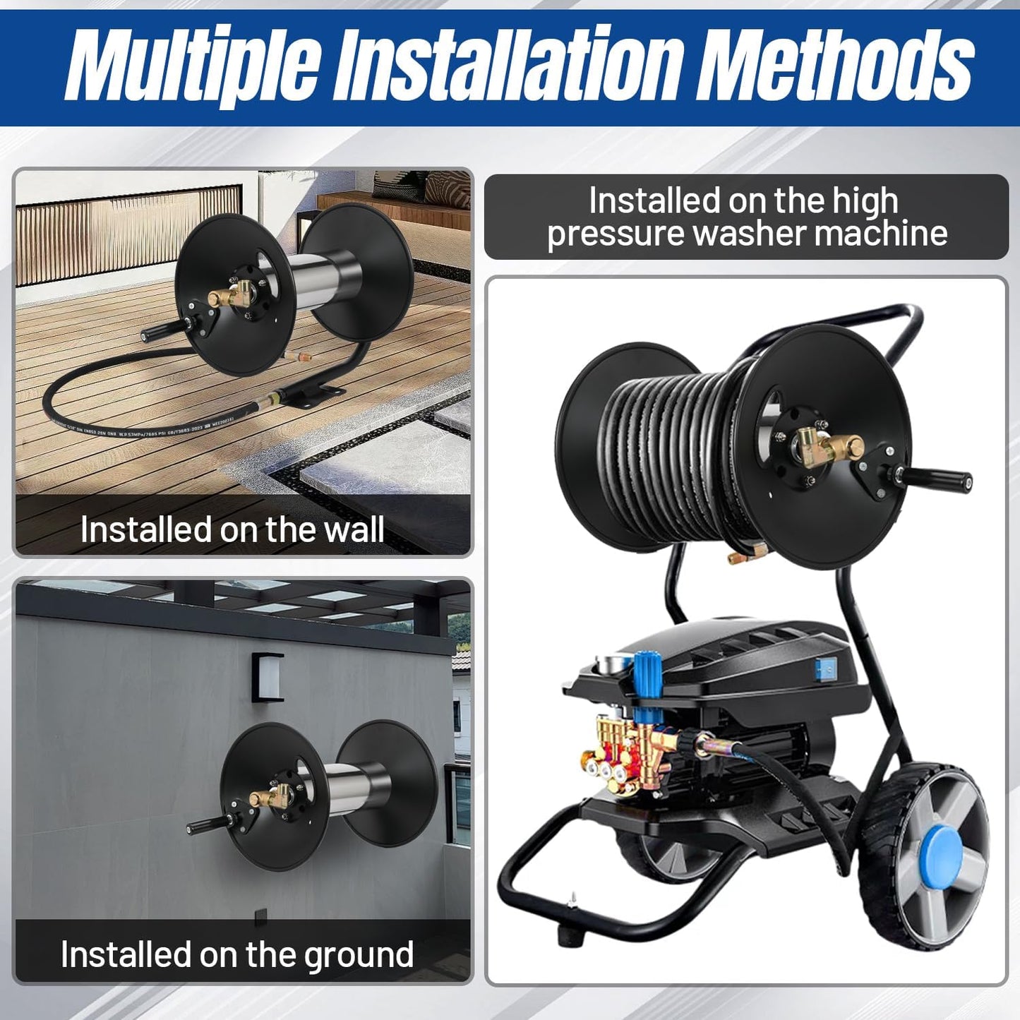 Pressure Washer Hose Reel Power Washer Hose Reel 3/8" NPT Outlet Pipe Heavy Duty Steel High Pressure Washer Reel 4000 PSI with Hand Crank Swivel Arm for Power Washer, 150FT