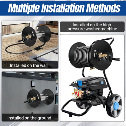 Pressure Washer Hose Reel Power Washer Hose Reel 3/8" NPT Outlet Pipe Heavy Duty Steel High Pressure Washer Reel 4000 PSI with Hand Crank Swivel Arm for Power Washer, 150FT