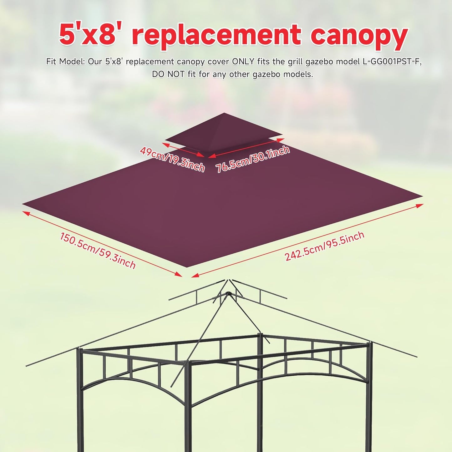 Grill Gazebo Replacement Canopy Top Only - 5' x 8' Outdoor BBQ Gazebo Canopy Roof, Waterproof Double Tiered Shelter Cover Fit for L-GG001PST-F (5 * 8FT-Claret)