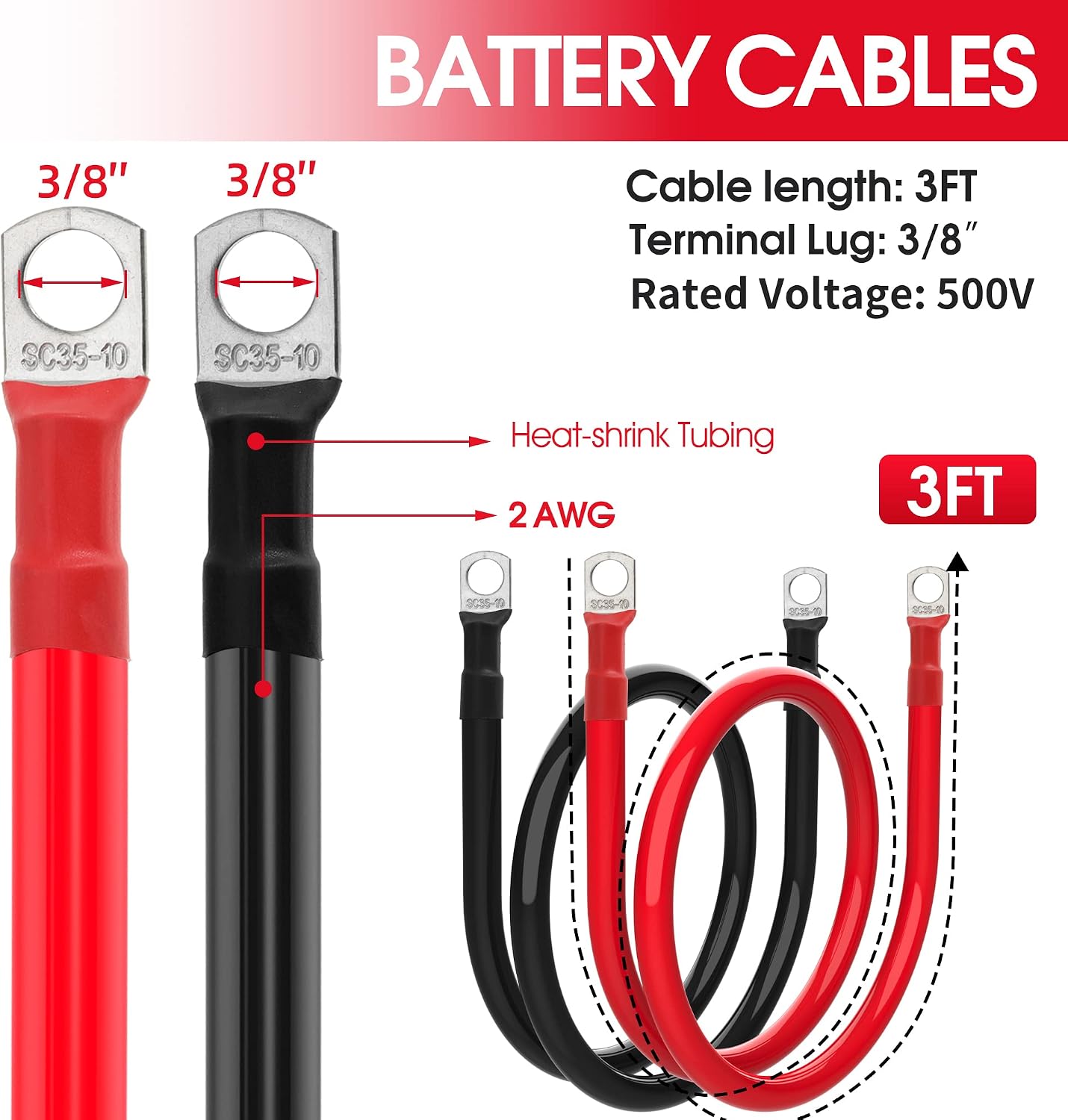 2 AWG Battery Cable 2 Gauge Battery Inverter Cables with 3/8 in Lugs Pure Copper Power Inverter Wire Set for Solar Marine Boat RV Car Motorcycle (3FT, 1 red +1 black cable)