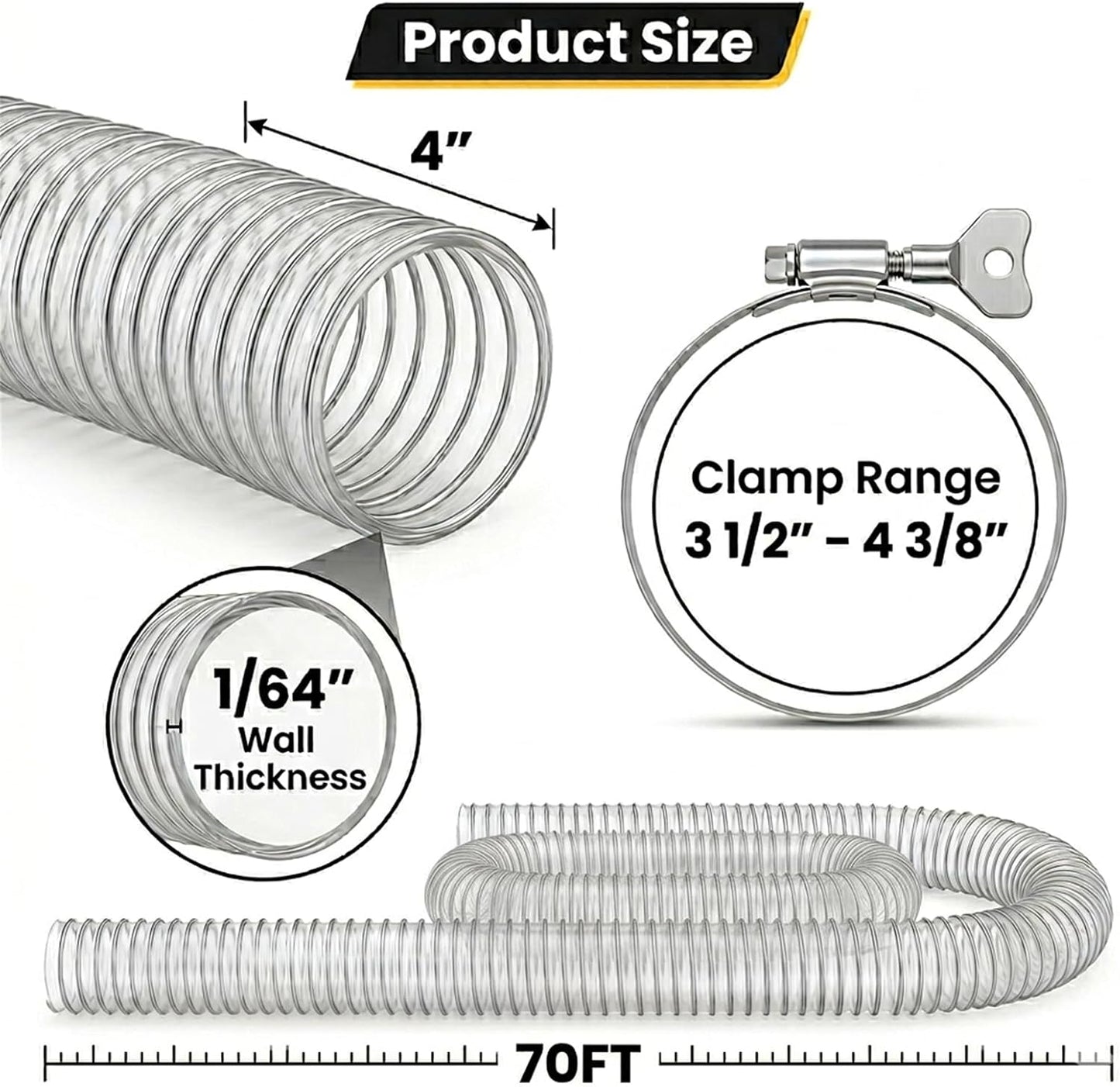 4" x 70' Heavy Duty Dust Collection Hose, Thickened Clear PVC Flexible Hose with Steel Wire Reinforced, Puncture Resistant for Woodworking Dust Collector System