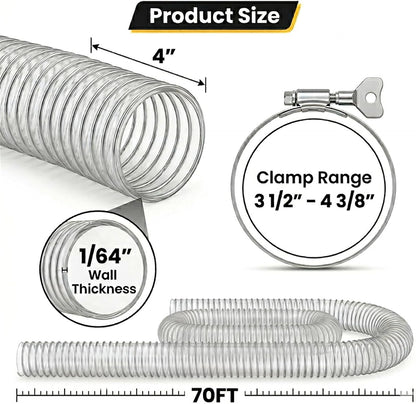 4" x 70' Heavy Duty Dust Collection Hose, Thickened Clear PVC Flexible Hose with Steel Wire Reinforced, Puncture Resistant for Woodworking Dust Collector System