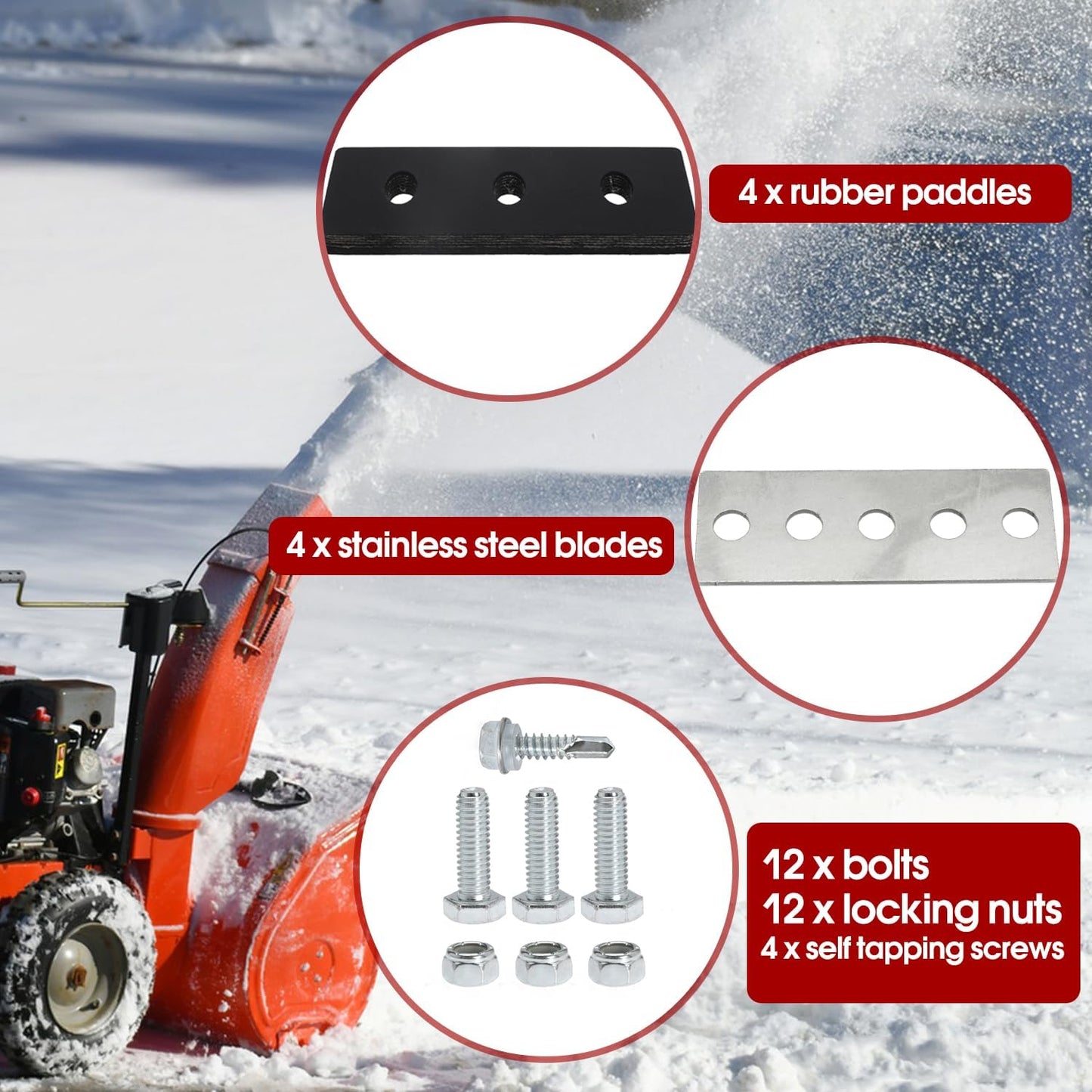 304 Stainless Snow Blower Impeller Modification Kit for Modifies 2-Stage Machine 4 Pcs Rubber Paddle Blade Universal (1/4")