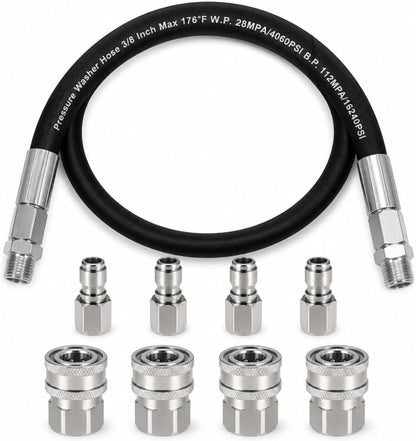 5FT Pressure Washer Whip Hose 4000 PSI Includes 4 Set 3/8" Male and Female Quick Connectors High Pressure Jumper Hose with 3/8" NPT Steel Connectors for Hose Reel, Pump to Reel Connection
