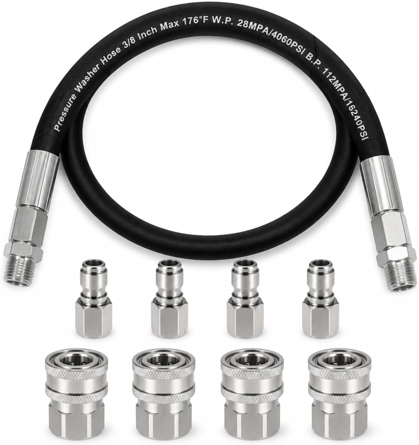 3FT Pressure Washer Whip Hose 4000 PSI Includes 4 Set 3/8" Male and Female Quick Connectors High Pressure Jumper Hose with 3/8" NPT Steel Connectors for Hose Reel, Pump to Reel Connection