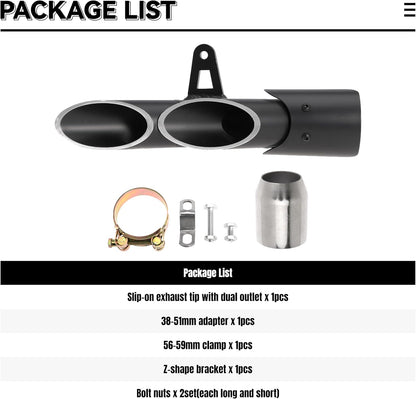 38mm-51mm Slip on Exhaust Tips, 1.5-2" Motorcycle Muffler Tip Pipe with Dual Outlet for Kawasaki Ninja 400 Z650 ZX6R10R, for Honda CBR 500 300R, for Yamaha FZ1 250 300