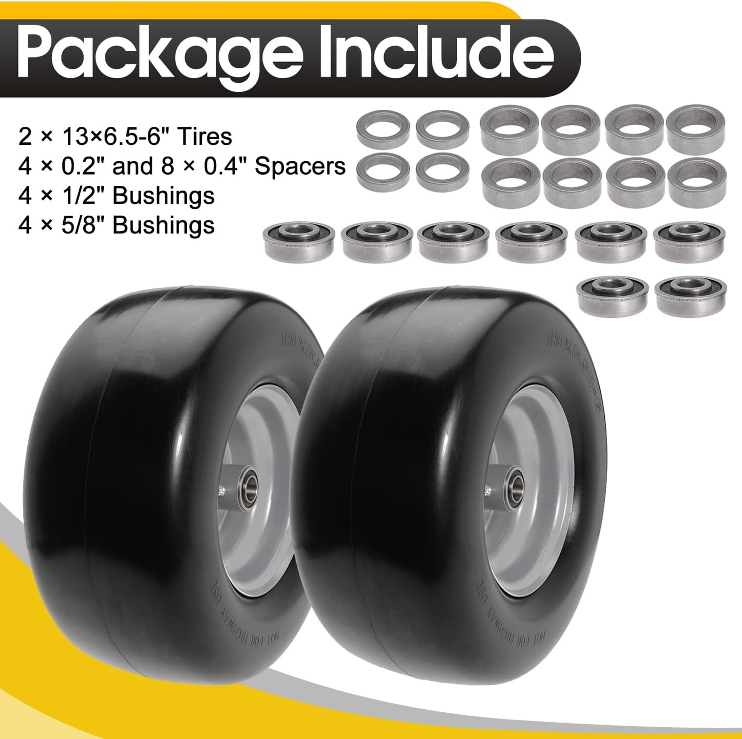 13x6.50-6" Lawn Mower Flat Free Front Wheel Tire, Solid Smooth Tire for Cub Cadet for Toro Zero Turn Lawn Mower with 5.5"-7.5" Center Hub and 3/4" 5/8" 1/2" Precision Bearings (Silver-2pc)
