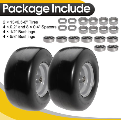 13x6.50-6" Lawn Mower Flat Free Front Wheel Tire, Solid Smooth Tire for Cub Cadet for Toro Zero Turn Lawn Mower with 5.5"-7.5" Center Hub and 3/4" 5/8" 1/2" Precision Bearings (Silver-2pc)