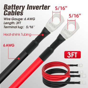 6 AWG Battery Cable 6AWG Gauge Battery Inverter Cables for Automotive Solar Marine Boat RV Car Motorcycle (6 AWG, 3FT, 5/16")