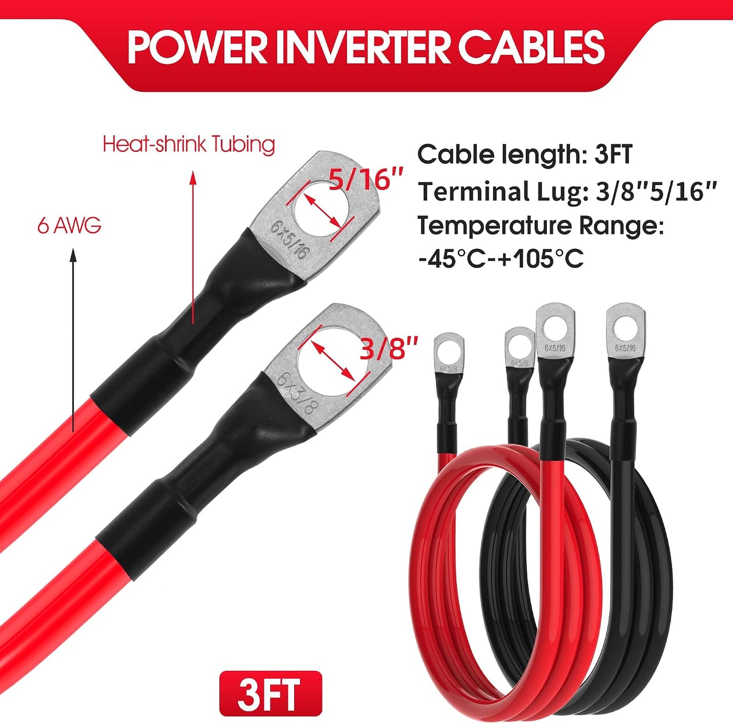6 AWG Battery Cables 6 Gauge Battery Inverter Cables with 3/8 Inch and 5/16 Inch Lugs Each End for Solar Marine RV Car SUV Truck Tractor Motorcycle 2pcs (3FT, 6 AWG)