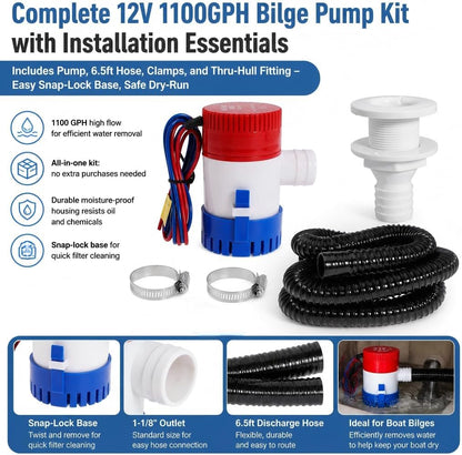 Boat Bilge Plumbing Kit 1-1/8 Inch Dia 12V Non-automatic Bilge Pump kit 1100 GPH with 6FT PVC Bilge Pump Hose (Straight Elbow)