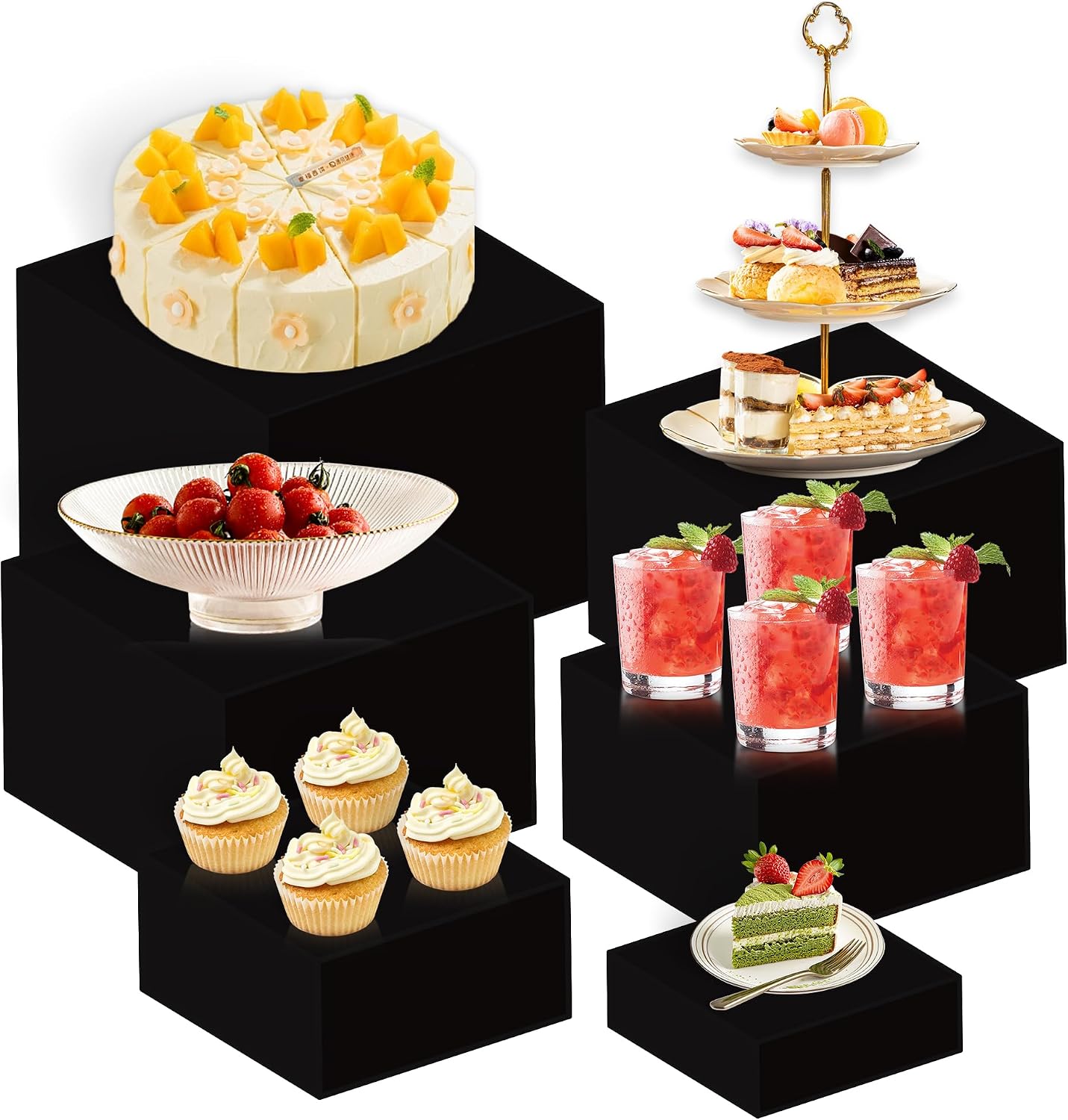 6Pcs Buffet Risers,Food Risers for Buffet Table Display Stand Shelf for Party Catering Dessert Jewelry Collectibles Acrylic Cube Boxes Display Nesting Risers (Black-L(5,6,7,8,9,10))