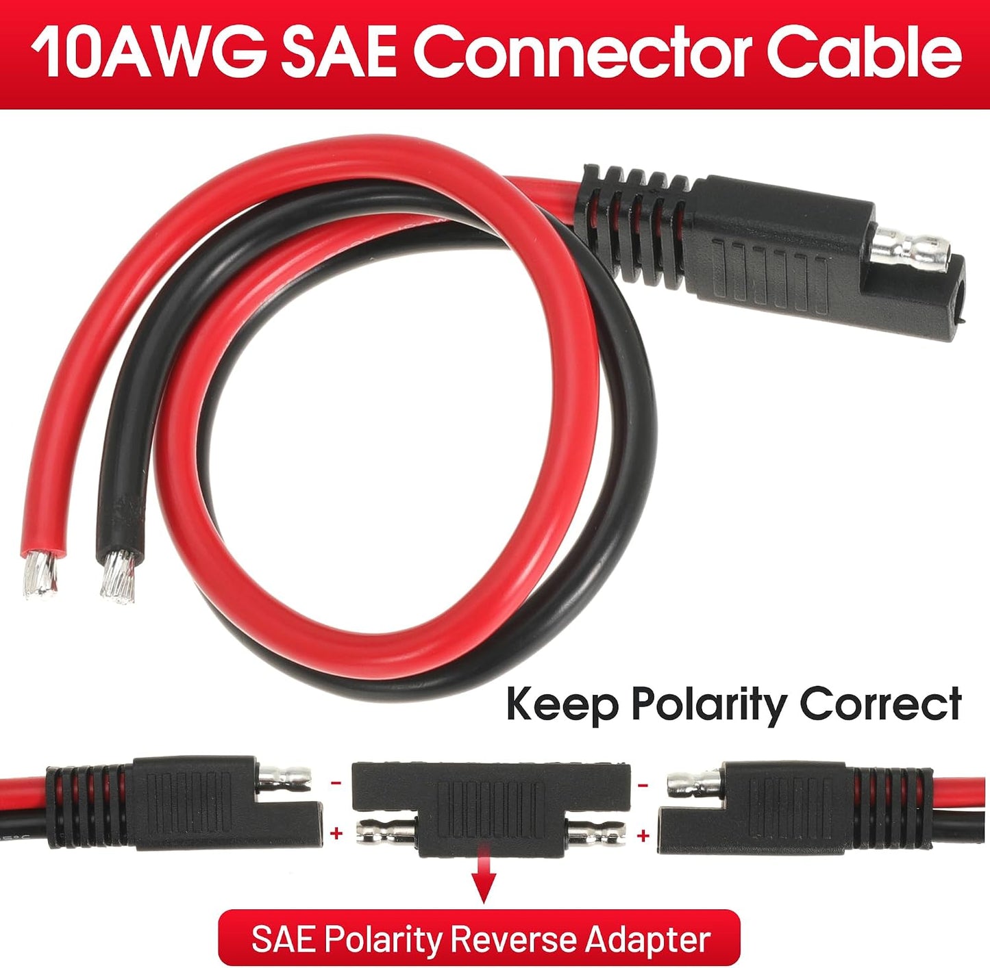 1FT 10AWG SAE Extension Cable, 10 Gauge SAE Connector Cable 10 AWG 2 Pin SAE Quick Disconnect for Solar RV Automotive, 8PCS