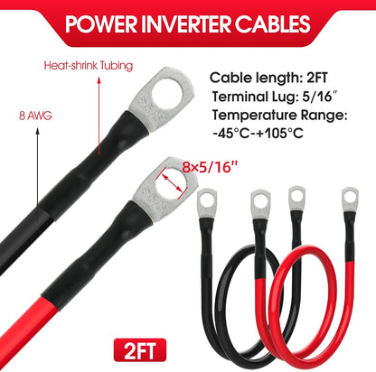 8 AWG Battery Cable 8 Gauge Power Inverter Cables with 5/16 Inch Lugs Both Ends for Solar Boat Marine RV Car 2 Pack (2FT)